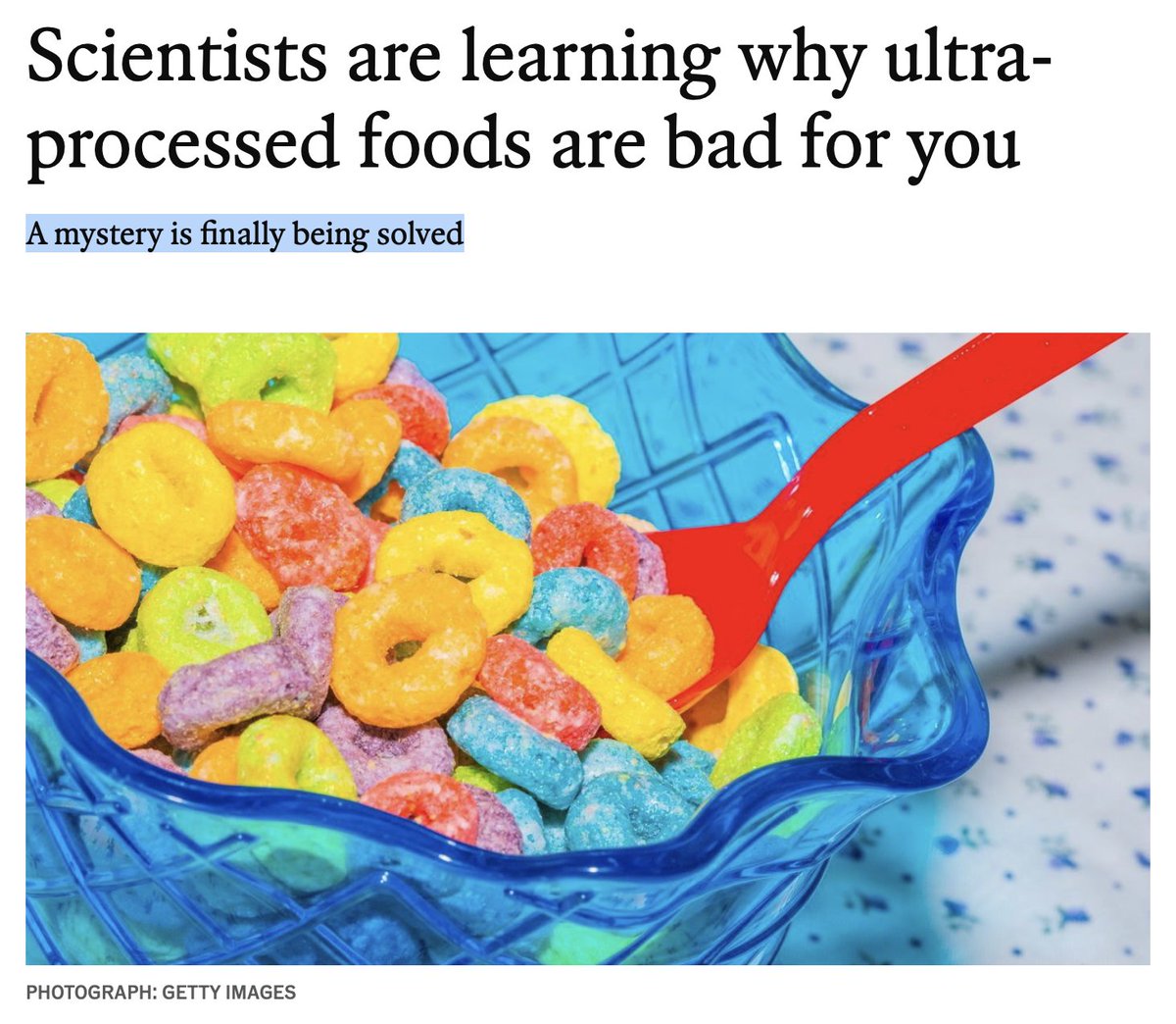 A weak article <a href="/TheEconomist/">The Economist</a> on the dangers of ultra-processed foods. The subtitle is "a mystery is finally being solved" yet there is nothing in the piece that advances our knowledge...just that they're working on it!
 economist.com/science-and-te…