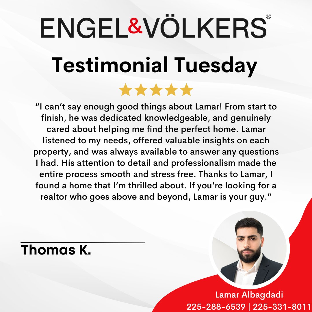 thestandardbr's tweet photo. #TestimonialTuesday ⭐

We're excited to share another wonderful review for our exceptional Real Estate Advisor, Lamar Albagdadi! 🏡✨

If you're looking to buy or sell, let Lamar guide you home. 🏠💼

📱 225-288-6539
☎️ 225-331-8011

#HappyClients #EVBatonRouge https://t.co/f0JXTHwDDt