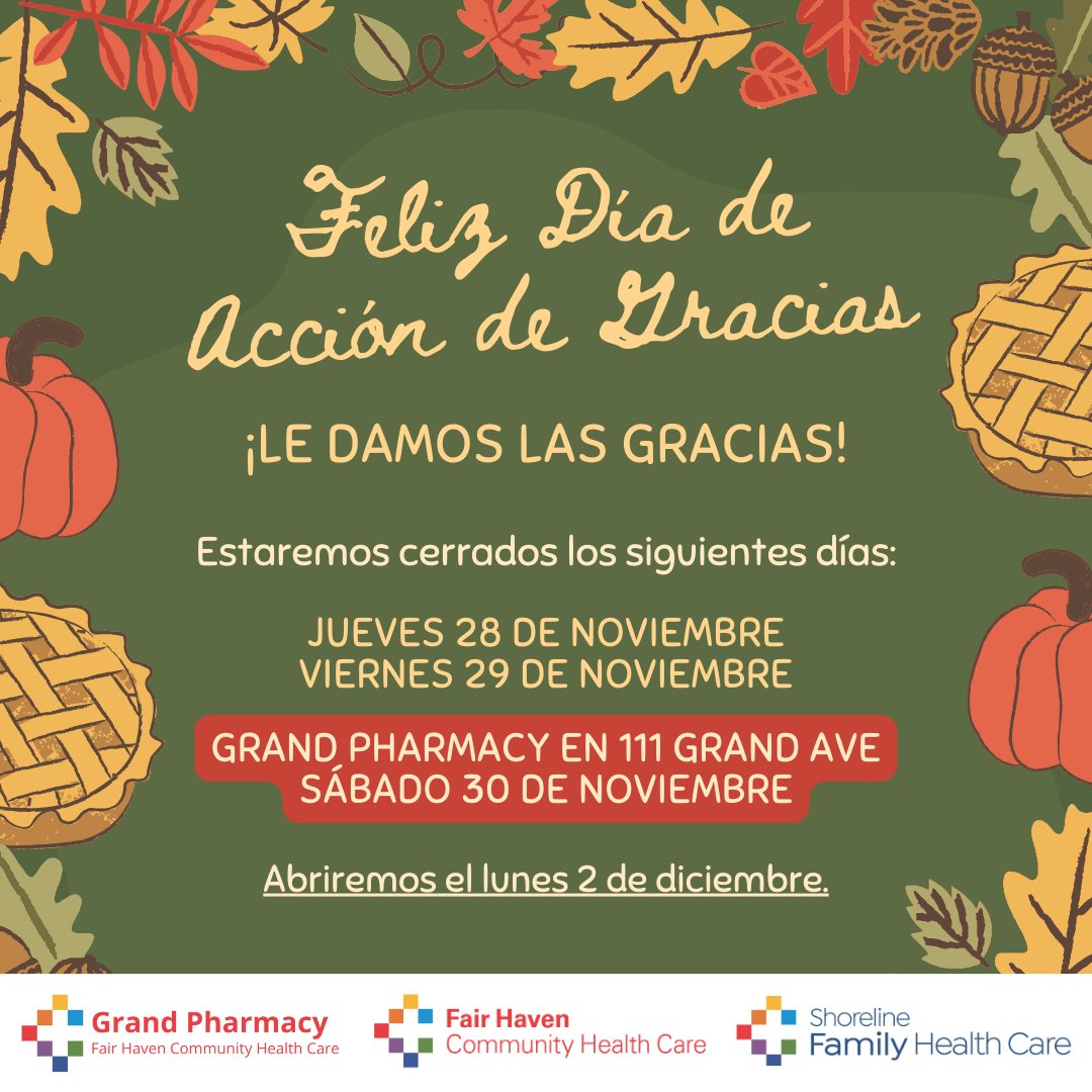Happy Thanksgiving! We are grateful for each and every one of our patients and the Fair Haven community.

As a reminder, we will be closed 11/28 $ 11/29. We will reopen on 12/2.

Please note, Grand Pharmacy located at 111 Grand Ave will be closed on 11/30.  

#thanksgiving #fhchc