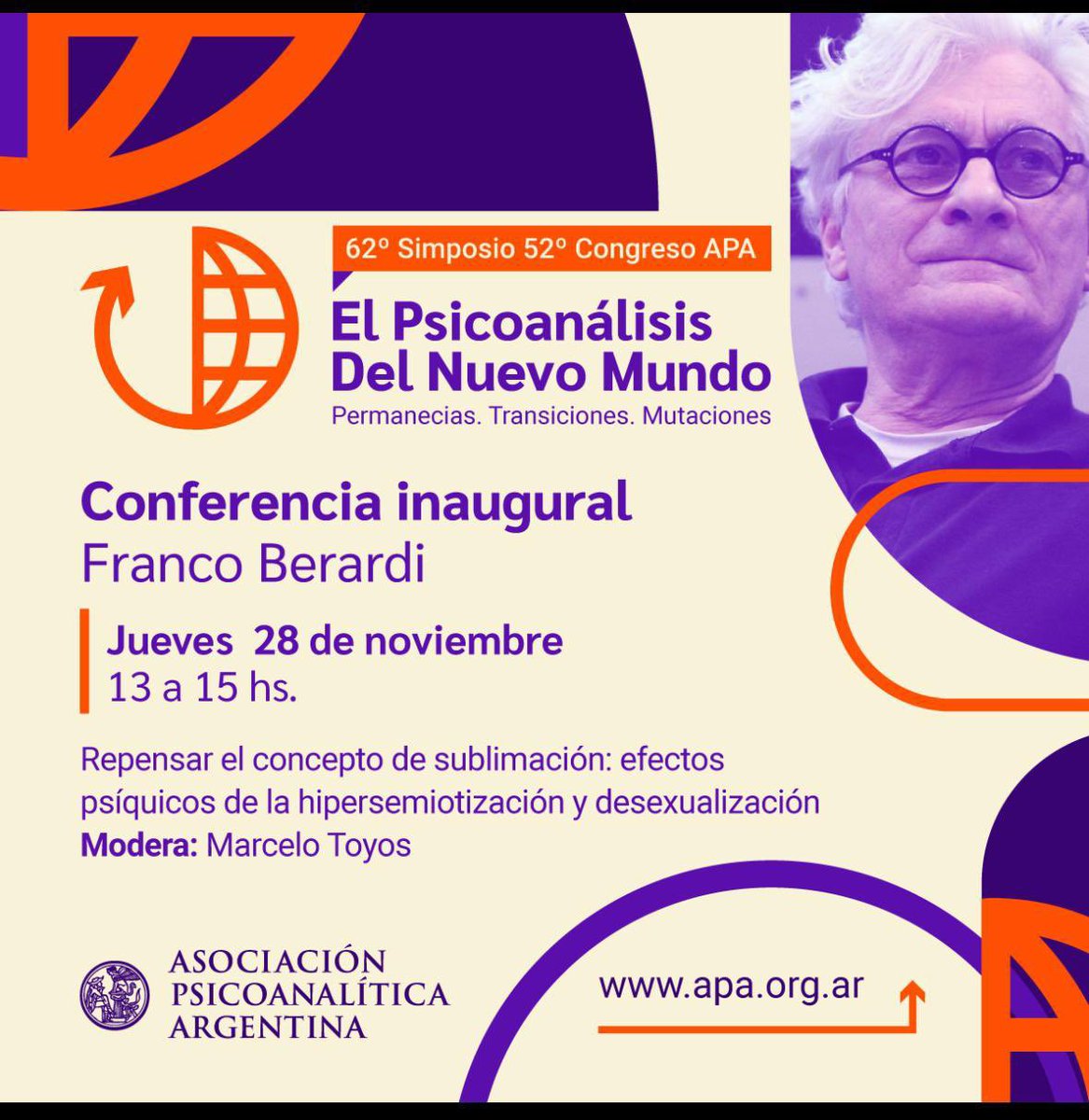 apasocial's tweet photo. 62° #Simposio y 52° #Congreso de la Asociación #Psicoanalítica Argentina
Inscribite aquí https://t.co/IhM7IPuI3y
@berardifranco https://t.co/Tk42aiBtuz