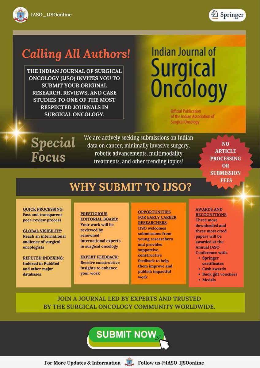 #callforauthors
IJSO invites oncologist, surgeons and young scientist to submit their abstract in renowned pubmed indexed journal. 
#bigopportunity #freeofcost

link.springer.com/journal/13193