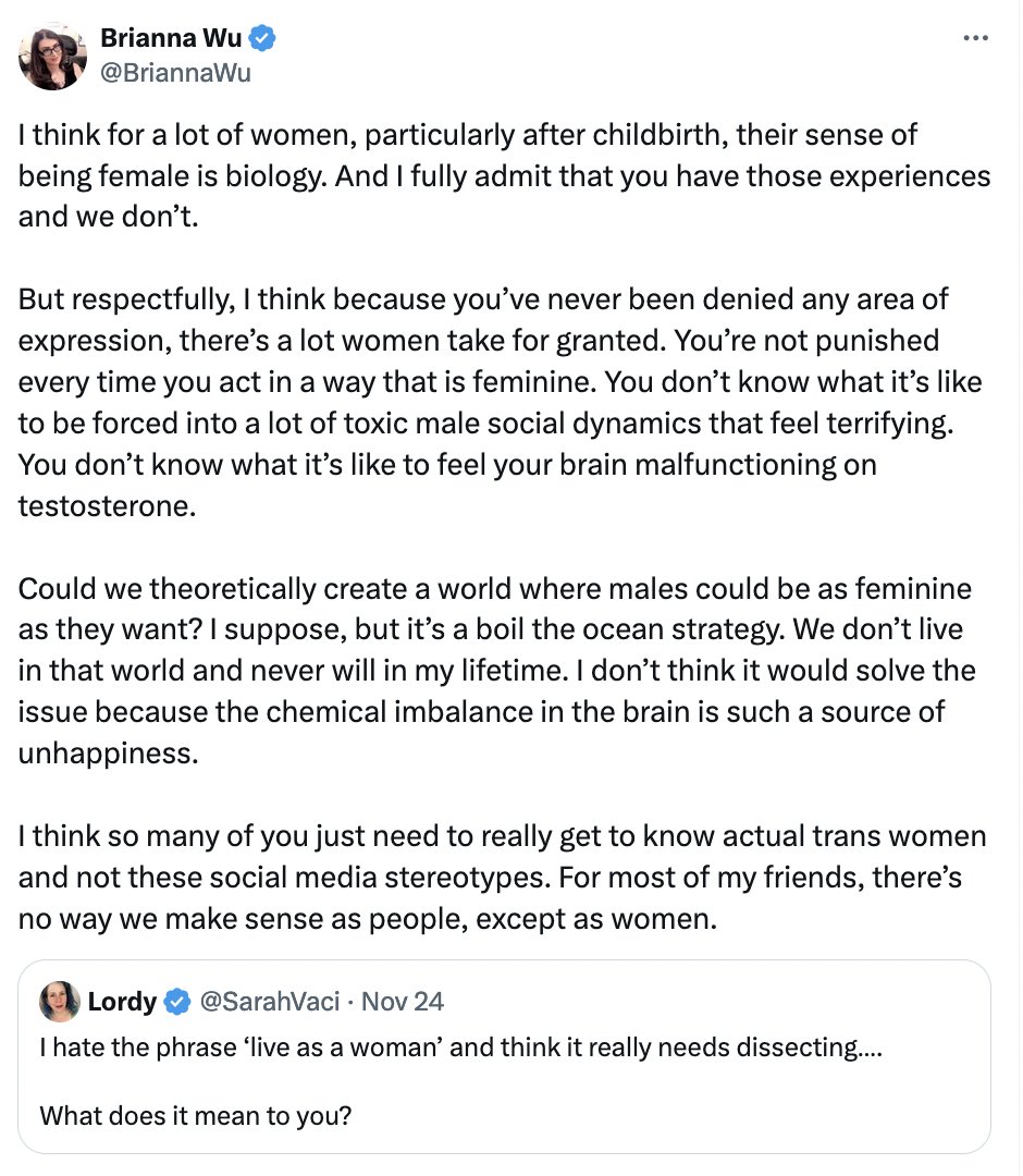 I don't "have a sense of being female," I am female. And if you had literally *any* idea what the women's movement was about or what it was like to be a woman, you would never allow such a stupid, ignorant comment like, "you've never been denied any area of expression," to leave