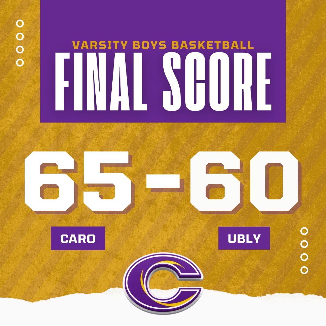 Final Score from Ubly: 

Caro- 65 Ubly- 60

Varsity Boys basketball storms back from down 12 at the half to beat the Bearcats in OT!