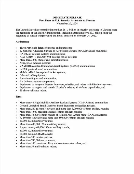 MarioNawfal's tweet photo. 🚨🇺🇸🇺🇦 PENTAGON DROPS JAW-DROPPING LIST OF WEAPONS SENT TO UKRAINE: $61.3B SINCE INVASION

Defense Department releases detailed fact sheet showing scope of US military support to Ukraine since February 2022, including:

Air Defense: 

Three Patriot batteries, 12 NASAMS systems, plus over 1,000 VAMPIRE anti-drone systems and extensive radar equipment.

Ground Forces: 

31 Abrams tanks, 45 T-72B tanks, over 900 armored personnel carriers, and more than 1.8 million rounds of 25mm ammunition.

Source: Department of Defense Fact Sheet, November 20, 2024 @GeneralMCNews