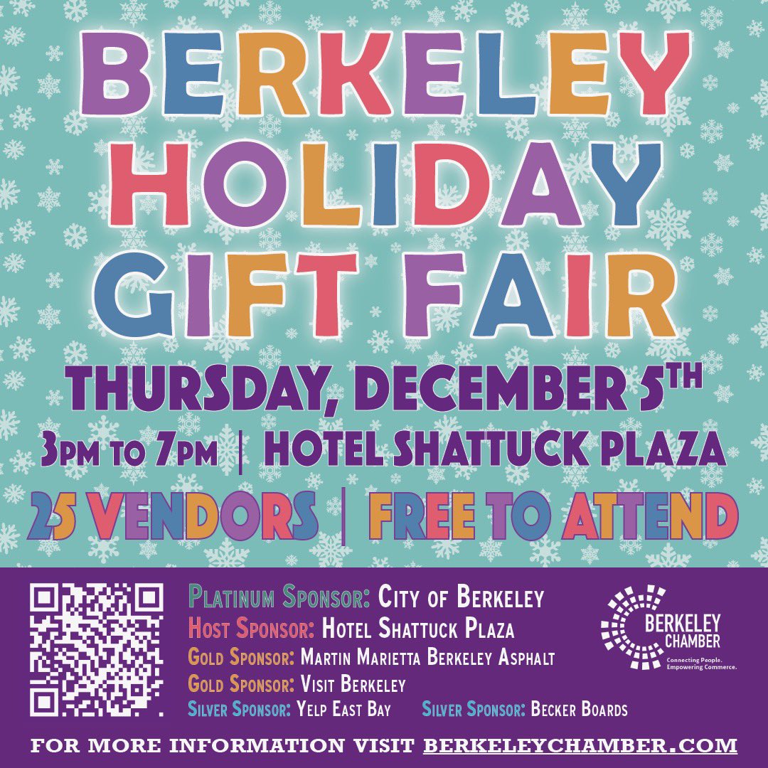 Mayor of Berkeley, CA (@adenaishii) on Twitter photo 🎁 Kick off your holiday shopping in Downtown Berkeley! 
The 6th Annual Berkeley Holiday Gift Fair is back on Thursday, December 5th from 3-7pm at Hotel Shattuck Plaza.
#BerkeleyHolidays  #DiscoveredinBerkeley 🎁 Kick off your holiday shopping in Downtown Berkeley! 
The 6th Annual Berkeley Holiday Gift Fair is back on Thursday, December 5th from 3-7pm at Hotel Shattuck Plaza.
#BerkeleyHolidays  #DiscoveredinBerkeley