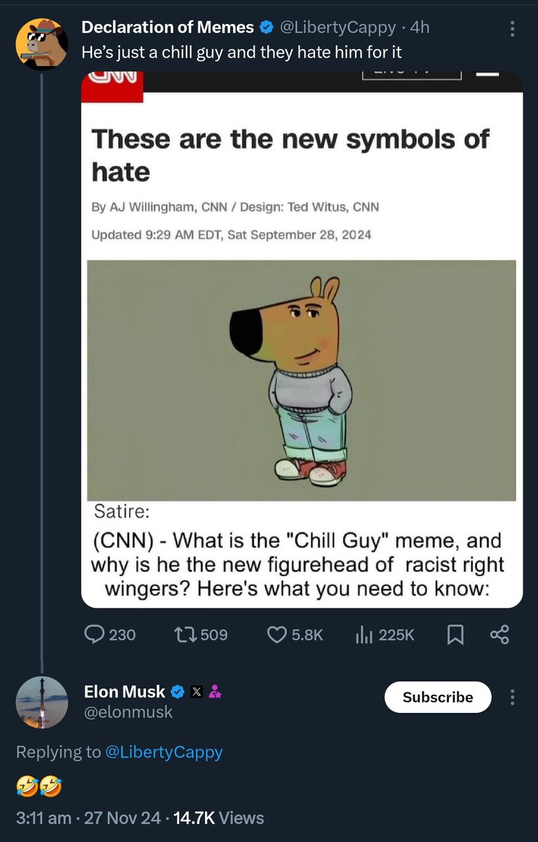 Elon Musk again engaging a post that has to do with #chillguy I said it  before and i will say it again #chillguy will be the KING of this cycle  Binance, Coinbase