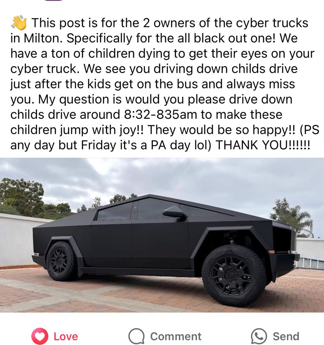 soodvrun19's tweet photo. @elonmusk ideas for the new ad! Give these kids a ride around town or do cyber truck parade down the street- Christmas presents to all 😀😀 https://t.co/tP5gkGP9iY