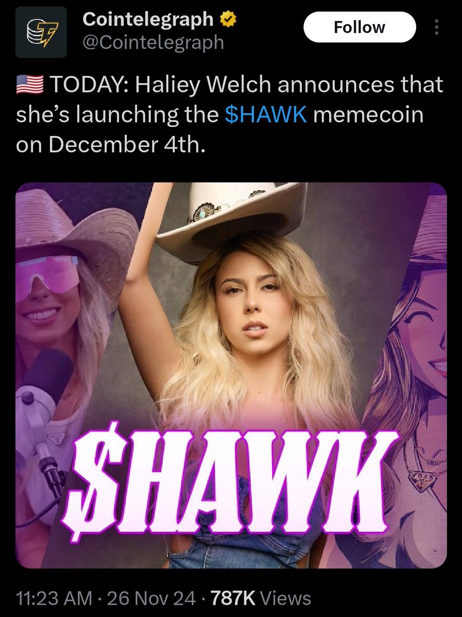 Hailey Welch aka the Hawk Tuah girl now has her own crypto meme coin under  the ticker $HAWK. Talk about cashing in on your 15 minutes of game, 2024  style. Does this