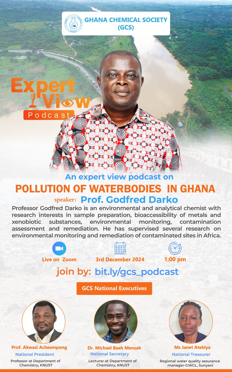 membership_GCS's tweet photo. Join the Expert View podcast series organised by the GCS to discuss the polllution of waterbodies in Ghana led by Prof. Godfred Darko, an environmental and analytical chemist on 3rd December 2024 at 1:00 PM live on Zoom.  
🔗Join here: https://t.co/c3z9jjBicg https://t.co/U6U1dLybmS