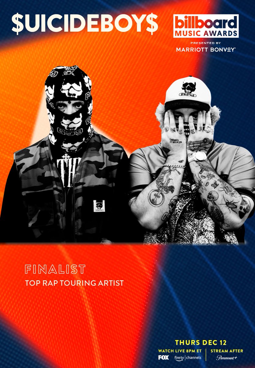 $UICIDEBOY$ ARE FINALISTS IN THE 2024 BILLBOARD MUSIC AWARDS FOR
“TOP RAP TOURING ARTIST”