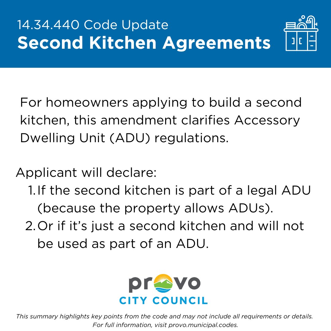provocouncil's tweet image. Provo City Code Update🔔
Want a say in these kinds of decisions? See what's on the upcoming agenda at agendas.provo.org, and share your opinion with the City Council by emailing council@provo.org.
#ProvoCouncil #CodeUpdate #ADUs #Housing