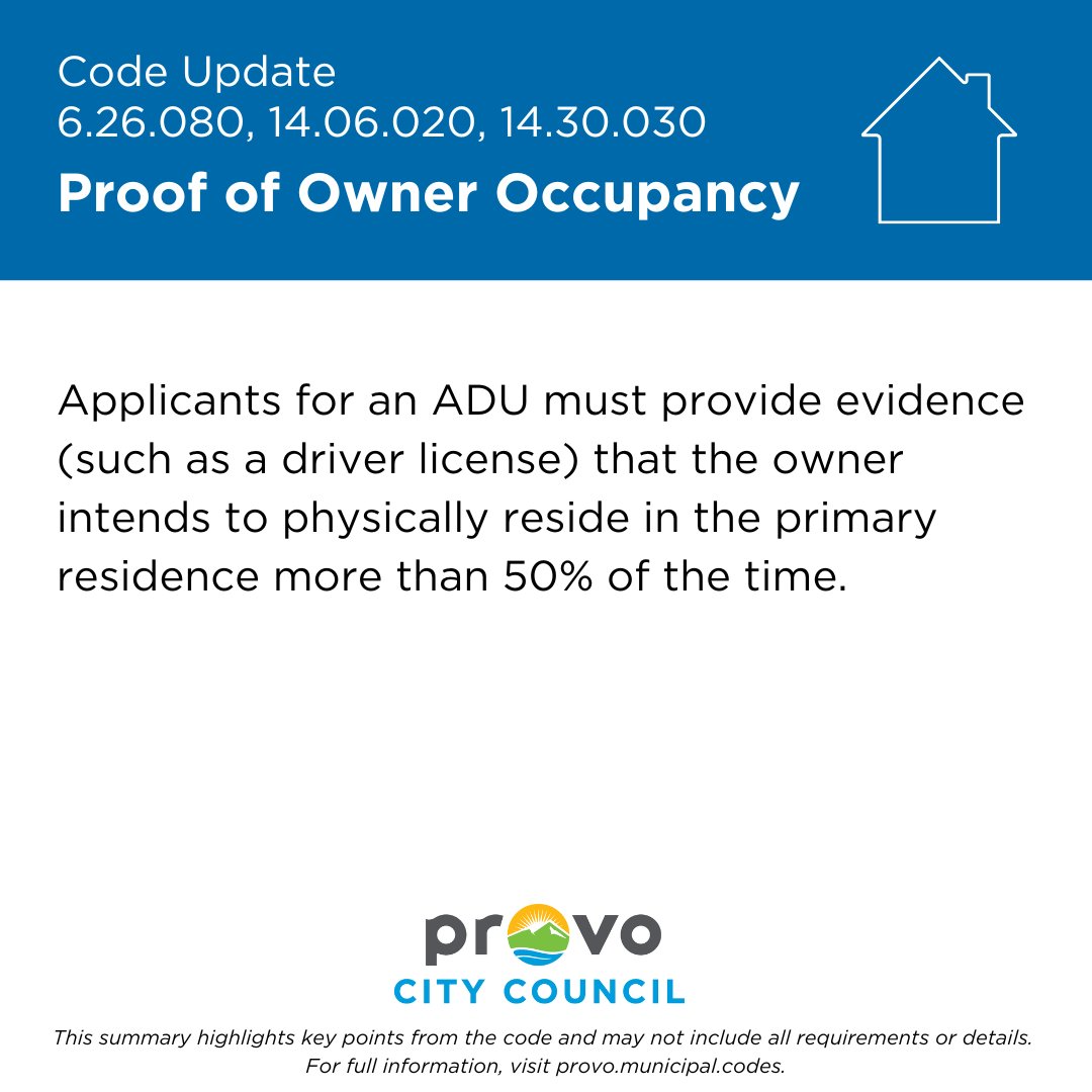 provocouncil's tweet image. Provo City Code Update🔔
Want a say in these kinds of decisions? See what's on the upcoming agenda at agendas.provo.org, and share your opinion with the City Council by emailing council@provo.org.
#ProvoCouncil #CodeUpdate #ADUs #Housing