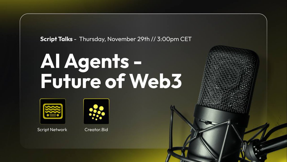 script_network's tweet image. The 21st edition of Script Talks is just around the corner, and we’re thrilled to host the team from @Creatorbid🎙️

X Spaces will present their groundbreaking Creator Bid platform—a unique approach to tokenizing AI agents and serving as a launchpad for AI innovation. 🚀

Learn…