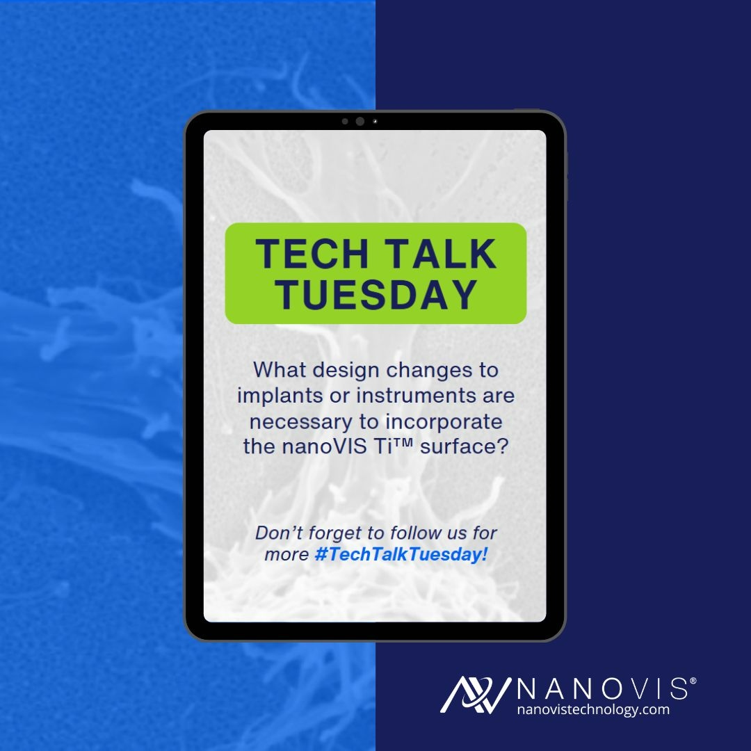 Nanovis's tweet photo. We're often asked what adjustments to implants or instruments are necessary to incorporate the nanoVIS Ti™ surface. In this #TechTalkTuesday, let's look at how our surface technology effortlessly integrates with current implant designs.

The nanoVIS Ti™ surface removes appro... https://t.co/mvPwE3PIYi