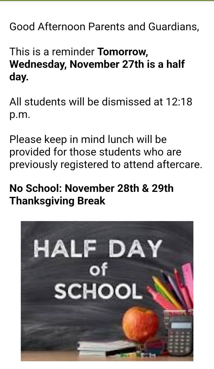 Reminder! Tomorrow Wednesday is a half day. All students will be dismissed at 12:18pm

¡Recordatorio! Mañana miércoles es medio día. ¡Todos los estudiantes saldrán a las 12:18 p.m.!