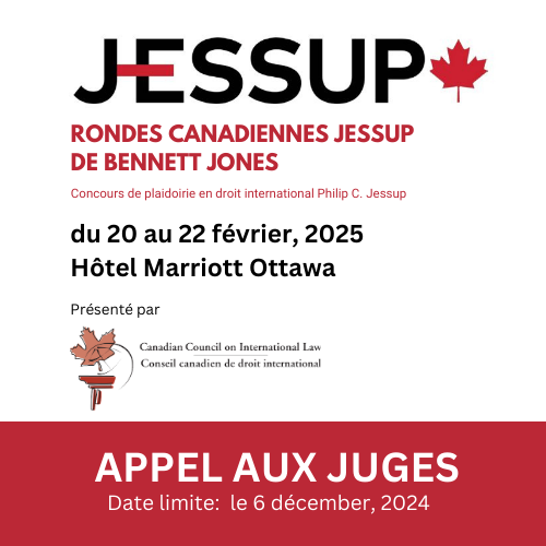 La division nationale du Canada de la compétition Jessup est à la recherche de bénévoles pour siéger en tant que juges de procès simulés lors des épreuves nationales canadiennes Jessup 2025 de Bennett Jones à Ottawa (ON) du 20 au 22 février 2025. Détails: tinyurl.com/mtm644h6