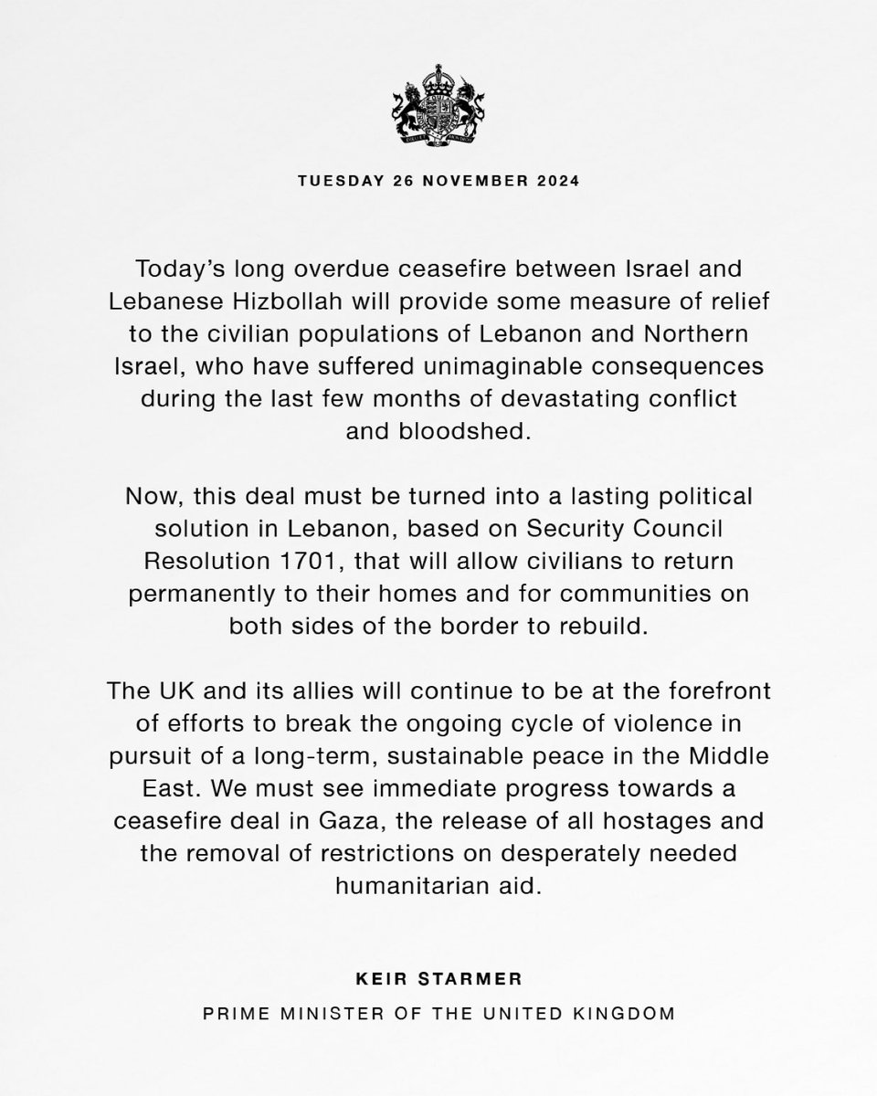 Currentaffairsg's tweet photo. JUST IN: Keir Starmer 🇬🇧 “My statement on the ceasefire between Israel and Lebanese Hizbollah.”
#UK #KeirStarmer #Israel https://t.co/R01eATKgZ4