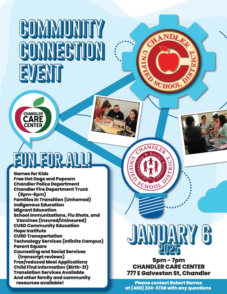 Chandler Unified School District (@chandlerunified) on Twitter photo Come join the Chandler CARE Center, CUSD Counseling and Social Services, and our partners for our Community Connection Event, Monday, January 6 from 5-7 p.m.!
Read more: bit.ly/3Z5bYvL. #WeAreChandlerUnified <a href="/ChandlerCARECtr/">Chandler CARE Center</a> <a href="/CUSDCounseling/">CUSD Counseling and Social Services</a> Come join the Chandler CARE Center, CUSD Counseling and Social Services, and our partners for our Community Connection Event, Monday, January 6 from 5-7 p.m.!
Read more: bit.ly/3Z5bYvL. #WeAreChandlerUnified <a href="/ChandlerCARECtr/">Chandler CARE Center</a> <a href="/CUSDCounseling/">CUSD Counseling and Social Services</a>