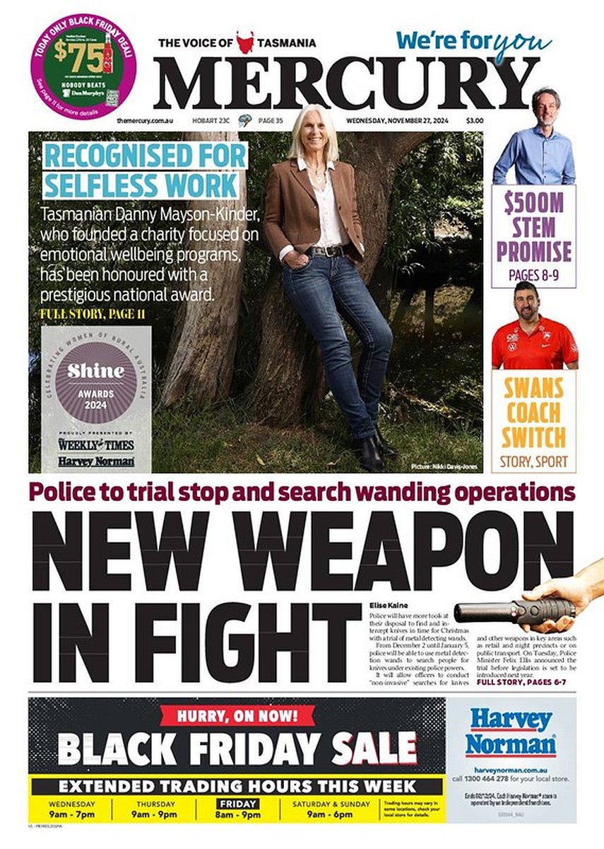 ★ New Weapon In Fight

▫Police to trial stop and search wanding operations
▫<a href="/elise_kaine/">Elise Kaine</a>

#frontpagestoday #Tasmania <a href="/themercurycomau/">Mercury</a> ★