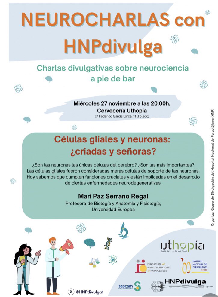 MariPazSerReg's tweet photo. Para entender cómo funciona el #cerebro tenemos qué saber qué hay dentro (y no solo son neuronas).Te lo cuento mañana a las 20:00 en el bar #uthopia (Toledo).
Charla organizada por @HNPdivulga1 de @HNParaplejicos 🗣🧠🍻 https://t.co/W7qIMdPrrD