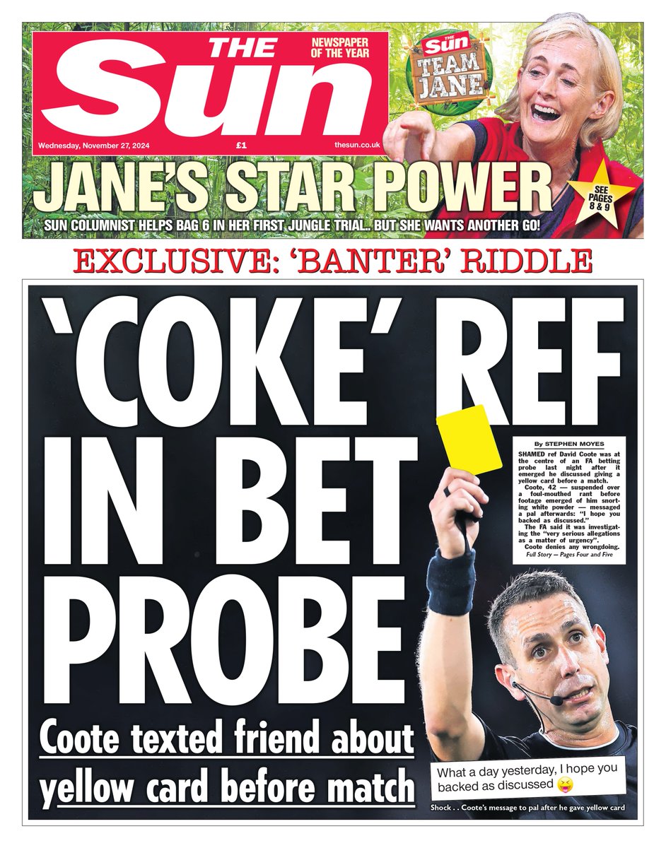 TheSun's tweet photo. Tomorrow's front page: Coote texted friend about yellow card before match https://t.co/eojKr0ugPv https://t.co/cd8YKlkcKN