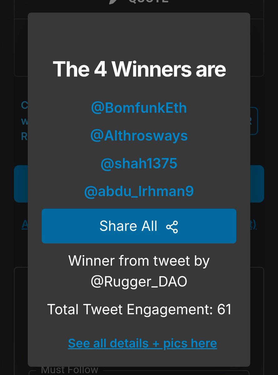 Congrats Winners 
<a href="/BomfunkEth/">Izzy Reely</a> 
<a href="/Althrosways/">Althrosways (✧ᴗ✧)</a> 
<a href="/shah1375/">shaml</a> 
<a href="/abdu_lrhman9/">𝐀𝐁𝐃 𝐀𝐋𝐑𝐇𝐌𝐀𝐍</a>
