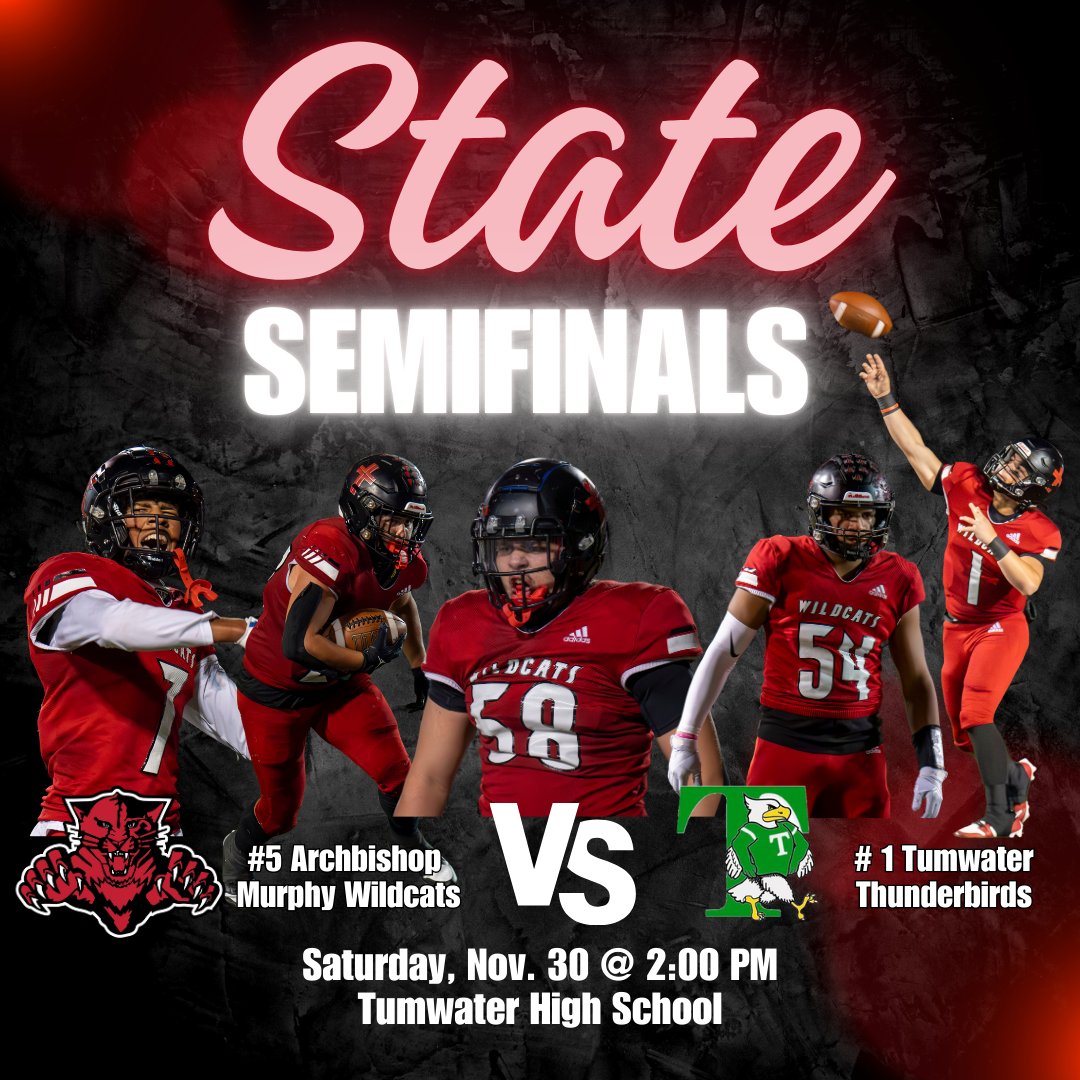 Don't miss the Wildcats in the State Semifinals this weekend! They will be taking on the #1 ranked Tumwater T-Birds at Tumwater HS on Saturday @ 2:00 PM. The game will be live streaming on the NFHS Network ONLY, so make sure to watch if you can't make the trip! #GOCATS