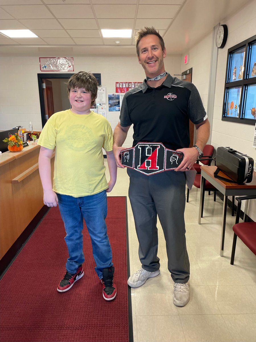LICDaecher's tweet photo. Maybe the best surprise I ever received as an educator! A former student that I worked with often created a championship wrestling belt for our school… it is pretty awesome @hempfield https://t.co/MZSH3OUIvK