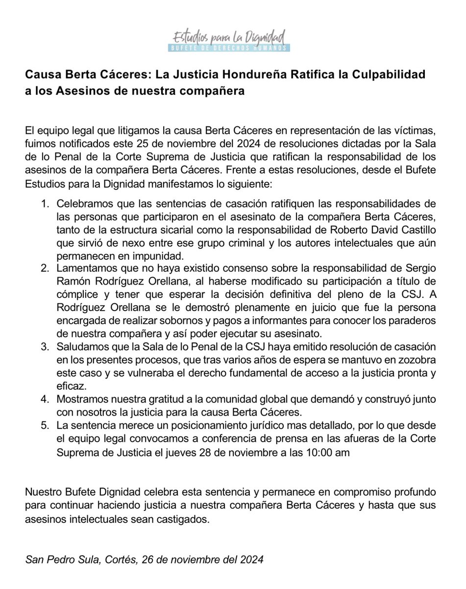 🚨 Causa Berta Cáceres: La Justicia Hondureña Ratifica la Culpabilidad a los Asesinos de nuestra compañera