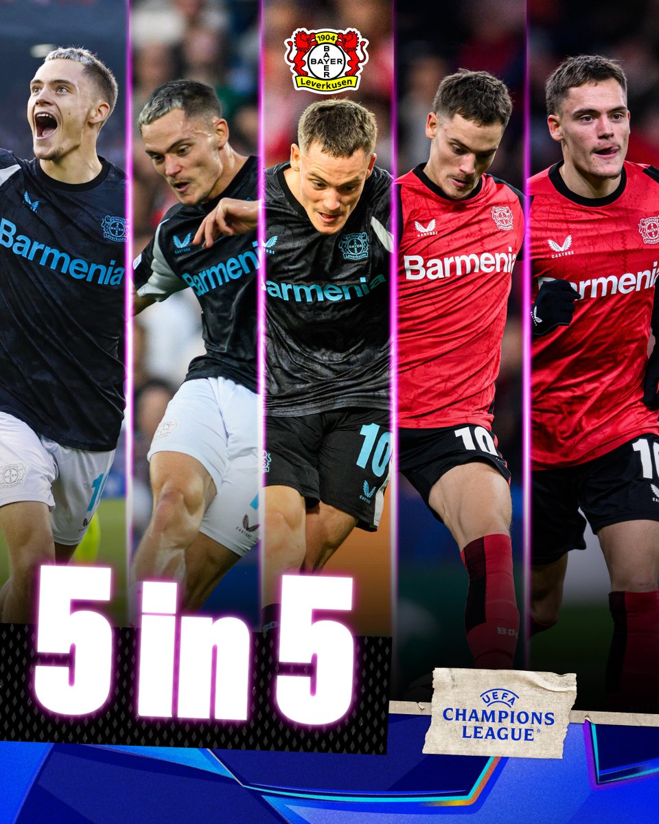 🤯
Flo ist der erste deutsche Spieler mit fünf Toren in seinen ersten fünf Spielen in der #UCL! 

#Bayer04 | #Werkself
