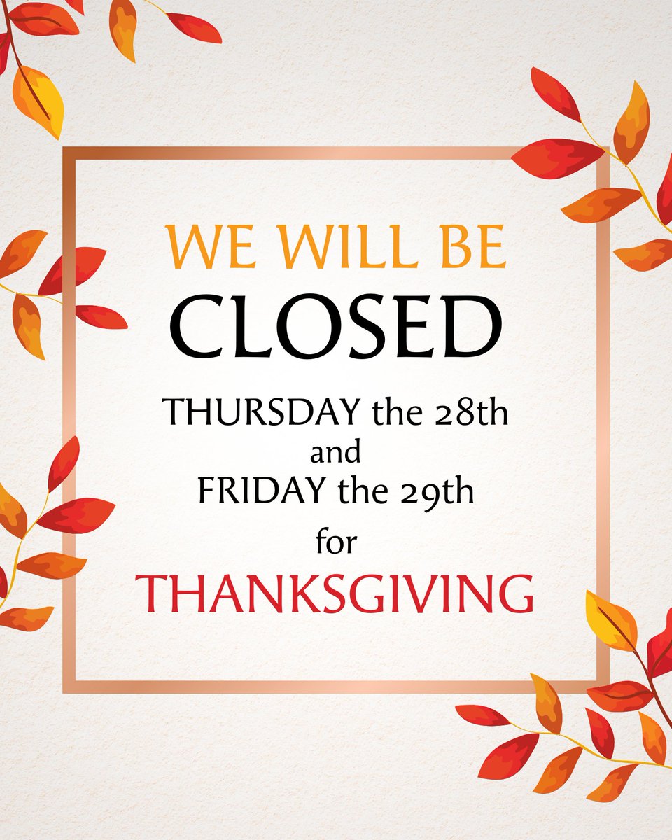 rivertowneye's tweet photo. Rivertown Eye Care will be closed Thursday and Friday (November 28-29) for the Thanksgiving holiday.
We look forward to seeing you when we reopen on Monday, December 2nd!
From all of us at Rivertown Eye Care, have a safe and peaceful holiday weekend. https://t.co/e4KVAYKBQp