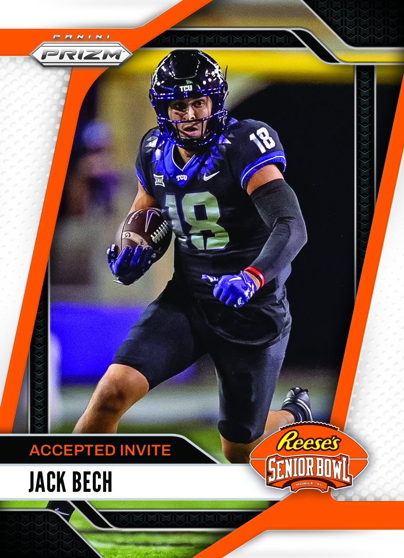 Reese's Senior Bowl (@seniorbowl) on Twitter photo Officially Accepted! WR Jack Bech <a href="/jackbech7/">Jack Bech</a> from <a href="/TCUFootball/">TCU Football</a> is headed to the 2025 Reese's Senior Bowl #GoFrogs | #BleedPurple 💪 #BestOfTheBest #TheDraftStartsInMOBILE™️
@JimNagy_SB <a href="/PaniniAmerica/">Panini America</a> #RatedRookie Officially Accepted! WR Jack Bech <a href="/jackbech7/">Jack Bech</a> from <a href="/TCUFootball/">TCU Football</a> is headed to the 2025 Reese's Senior Bowl #GoFrogs | #BleedPurple 💪 #BestOfTheBest #TheDraftStartsInMOBILE™️
@JimNagy_SB <a href="/PaniniAmerica/">Panini America</a> #RatedRookie