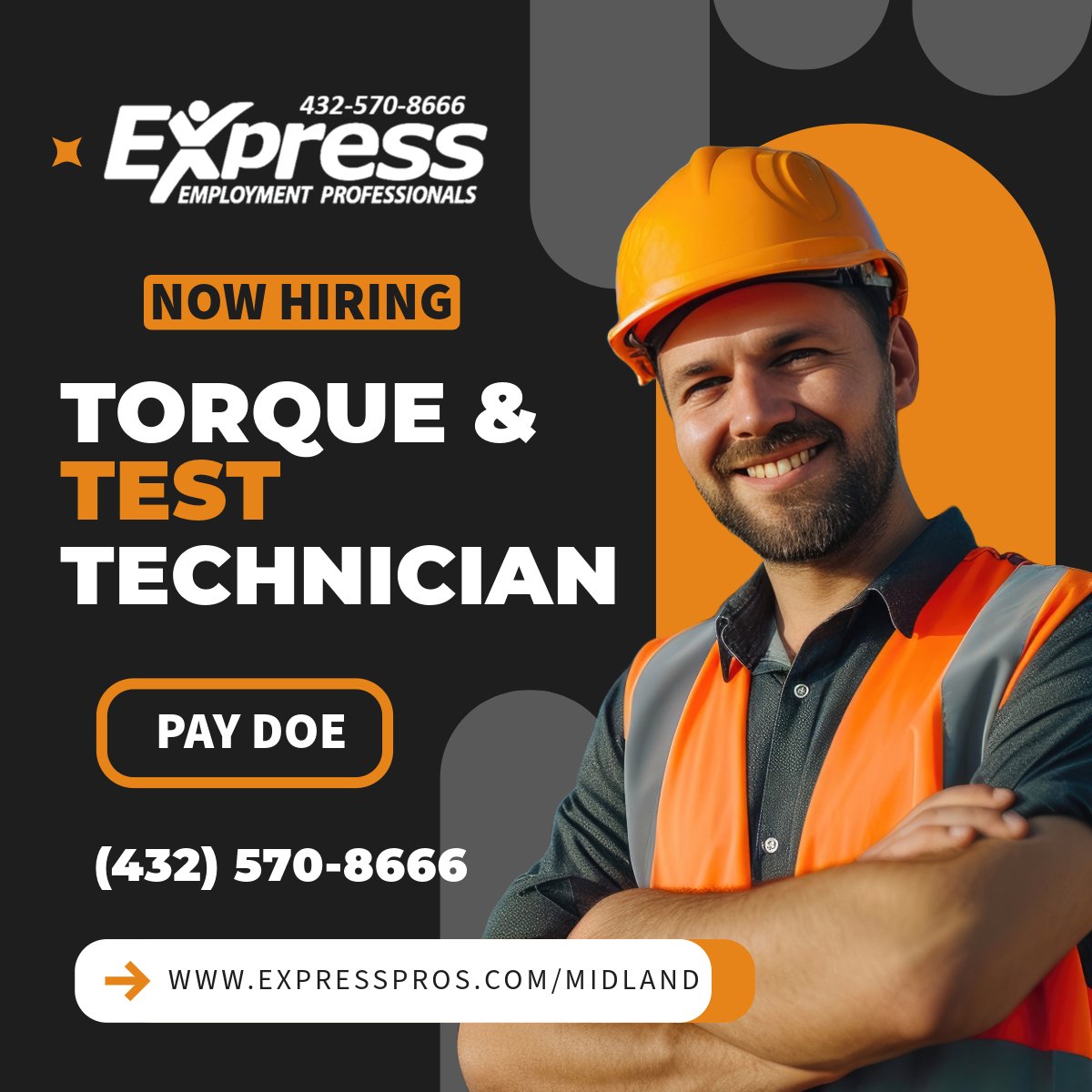 ExpressPros in Midland TX is #HIRING Torque &amp; Test Technicians.
If interested please apply online bit.ly/3Z7PfPJ
or contact a recruiter by phone or text at 432-570-8666.
#Hiring #ExpressPros #TorqueTech