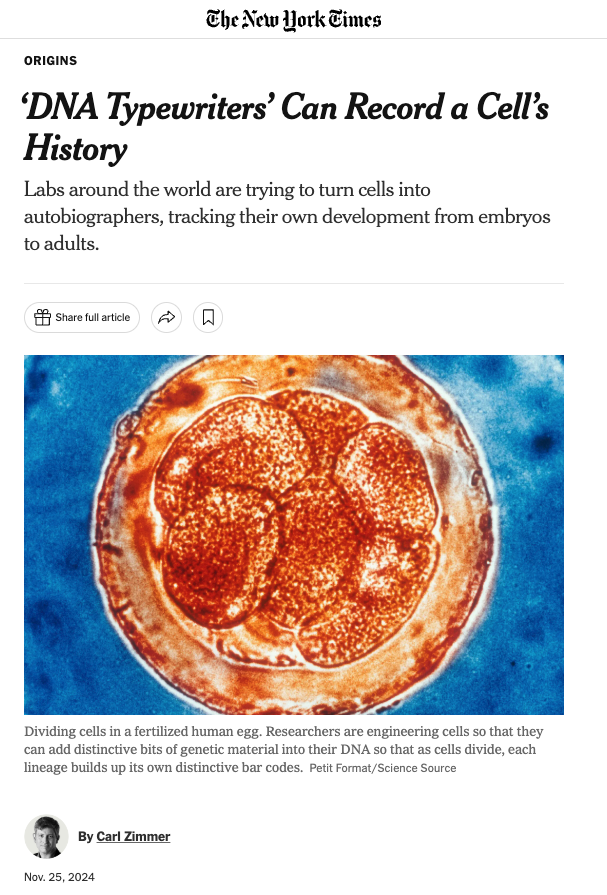 AllenInstitute's tweet photo. What if we could read the diary of a cell?
Researchers from around the world, including #SeaSynBio's @JShendure, share with @nytimes' @carlzimmer their vision for how an emerging suite of technologies could be a paradigm shift for life sciences.
🔗 https://t.co/wFS33uGVhh https://t.co/VcenWl0d1Y