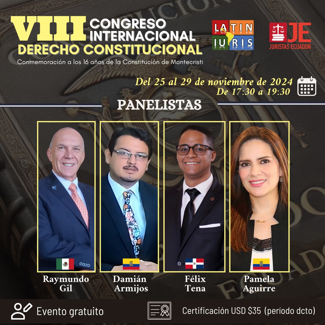 HOY a las 17:30 continuamos con el VIII Congreso Internacional de Derecho Constitucional. Estarán con nosotros: Raymundo Gil, Damián Armijos, Felic Tena y Pamela Aguirre.
Los esperamos! facebook.com/10007120105331…