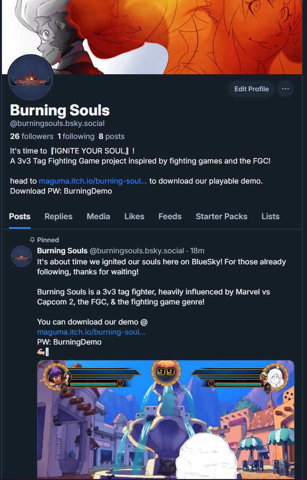 Are you up in the 🟦🦋? We've made an account over there too and would love it if you gave us a follow!

We've also updated the PW for the itch page, use pw: BurningDemo to download the latest build!