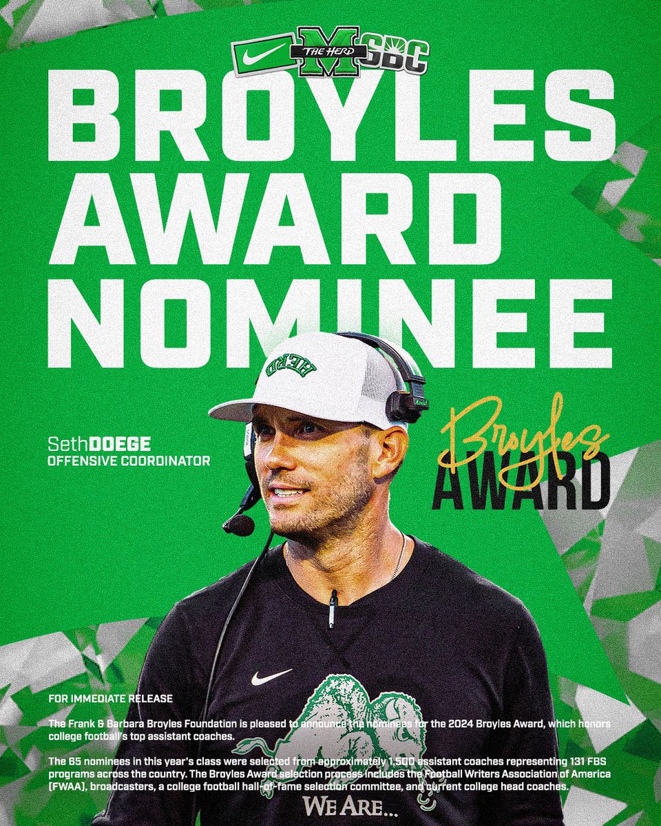 Marshall Football (@herdfb) on Twitter photo Let it Rip‼️😎
Coach <a href="/CoachDoege/">Seth Doege</a> is a <a href="/BroylesAward/">The Broyles Award</a> Nominee for Best Assistant Coach in College Football 🏆
#WeAreMarshall Let it Rip‼️😎
Coach <a href="/CoachDoege/">Seth Doege</a> is a <a href="/BroylesAward/">The Broyles Award</a> Nominee for Best Assistant Coach in College Football 🏆
#WeAreMarshall