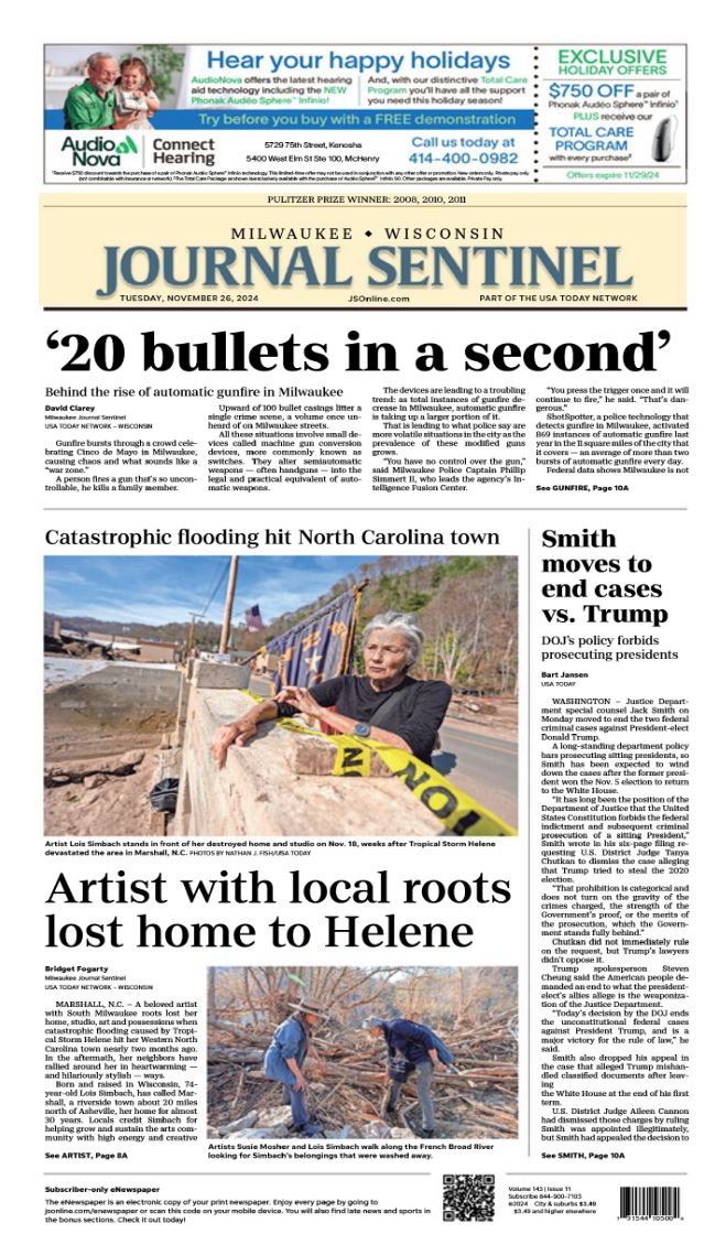 BridgeFogs's tweet photo. today's @journalsentinel front page:

so grateful i could be in NC to meet Lois, attend that iconic fashion show, and walk along the French Broad to see where her friend found her art washed up after the storm (and may or may not have found some more) https://t.co/GB2UD273X2