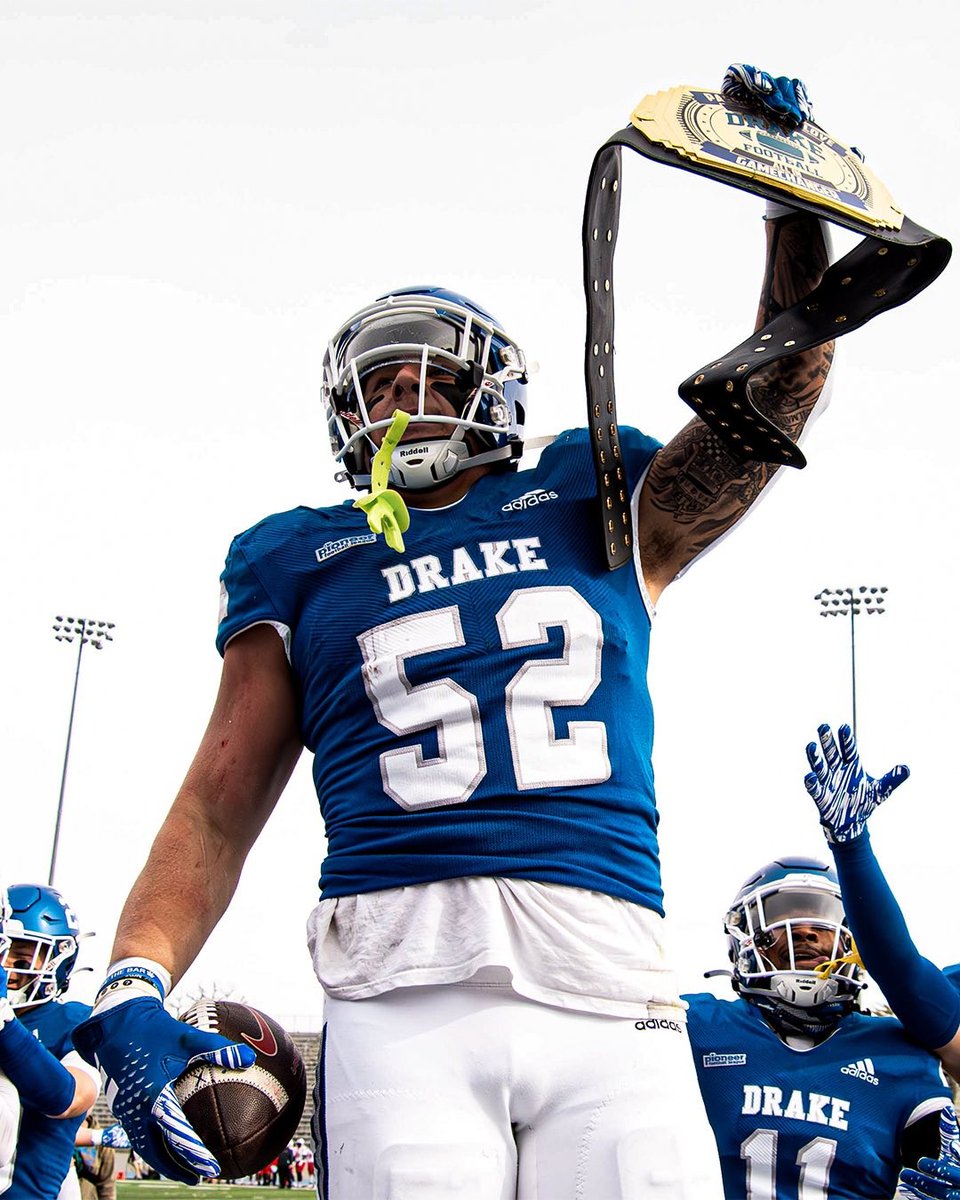DrakeUniversity's tweet photo. BACK-TO-BACK CHAMPS! 🏆🏆💙 Congratulations, @DrakeBulldogsFB, on securing the Pioneer League title and advancing to the FCS Playoffs for the second straight year! https://t.co/dzGEupGkcz