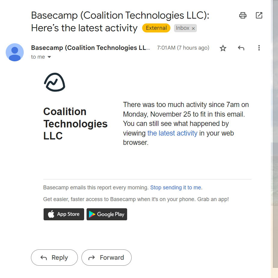 THIS. This is how busy Coalition Technologies is for all of our clients to ensure a successful holiday season. Has anyone else here gotten this 'There was too much activity' email from Basecamp this week? or ever? #BFCM #blackfriday #blackfridaycybermonday #cybermonday #Basecamp