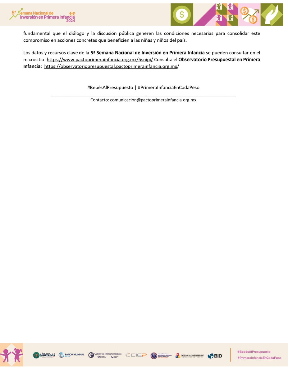 📢 ¡Nuevo boletín! 🚨

‼️Recursos, aún insuficientes para atender las necesidades de la #PrimeraInfancia en México 🇲🇽

Consulta más información aquí 👇 sobre la 5a. Semana Nacional de Inversión en Primera Infancia #BebésAlPresupuesto 👶 

pactoprimerainfancia.org.mx/5snipi/

#5SNIPI