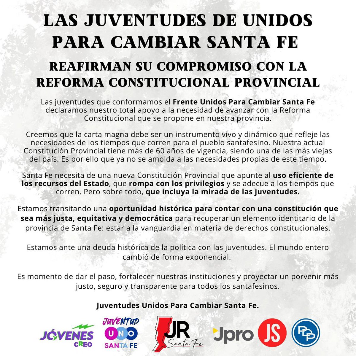 REAFIRMAMOS NUESTRO COMPROMISO CON LA REFORMA DE LA CONSTITUCIÓN PROVINCIAL ✅ 

Es momento de dar el paso, fortalecer nuestras instituciones y proyectar un porvenir más justo, seguro y transparente para todos los santafesinos. 

Juventudes Unidos Para Cambiar Santa Fe.