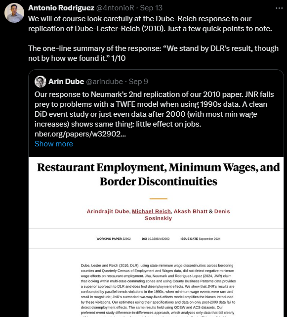 We have now looked carefully at the <a href="/arindube/">Arin Dube</a>-Reich “response” (DRBS) to our forthcoming JPE Micro replication of DLR (2010). DRBS is not a response to my paper with Jha and <a href="/NeumarkEcon/">David Neumark</a>. Instead, it is a misleading piece of obfuscation, deflection, and goalpost shifting. 1/19