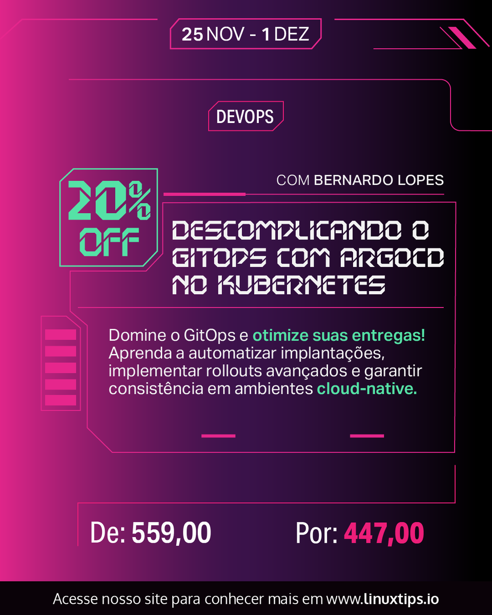 Descomplicando o GitOps com ArgoCD no Kubernetes com <a href="/indiepagodeiro/">bernardo</a>: Melhore as entregas de aplicações em ambientes cloud-native, simplificando processos e implementando estratégias avançadas de implantação.
linuxtips.io/treinamento/de…