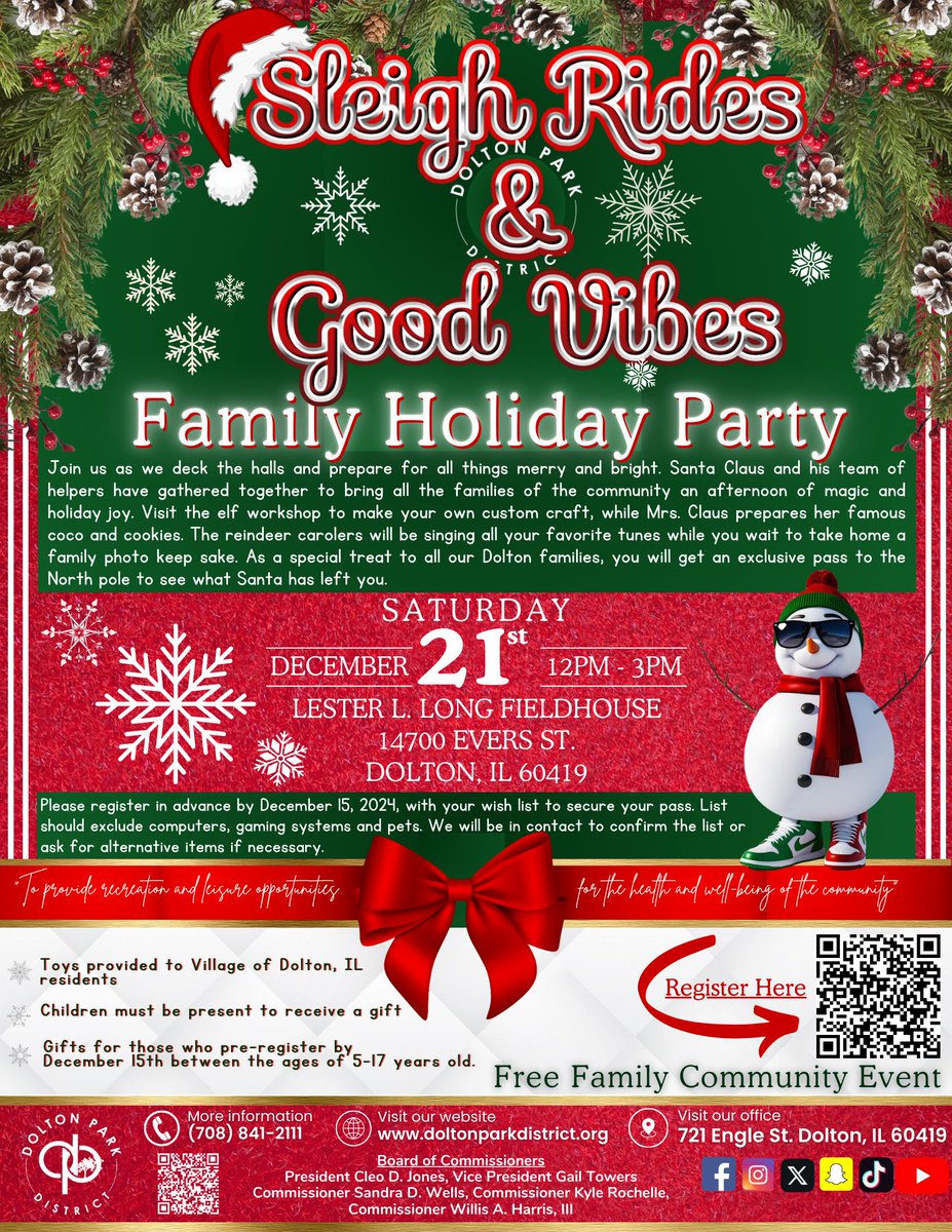 It's TIIIIMMMEEE. Get ready to deck the halls for our Sleigh Rides &amp; Good Vibes Family Holiday Party! Be sure to make your toy wish list and check it twice by December 15th. Don't miss out on this magical time. All on December 21st from 12pm-3pm at the Lester L. Long Fieldhouse.