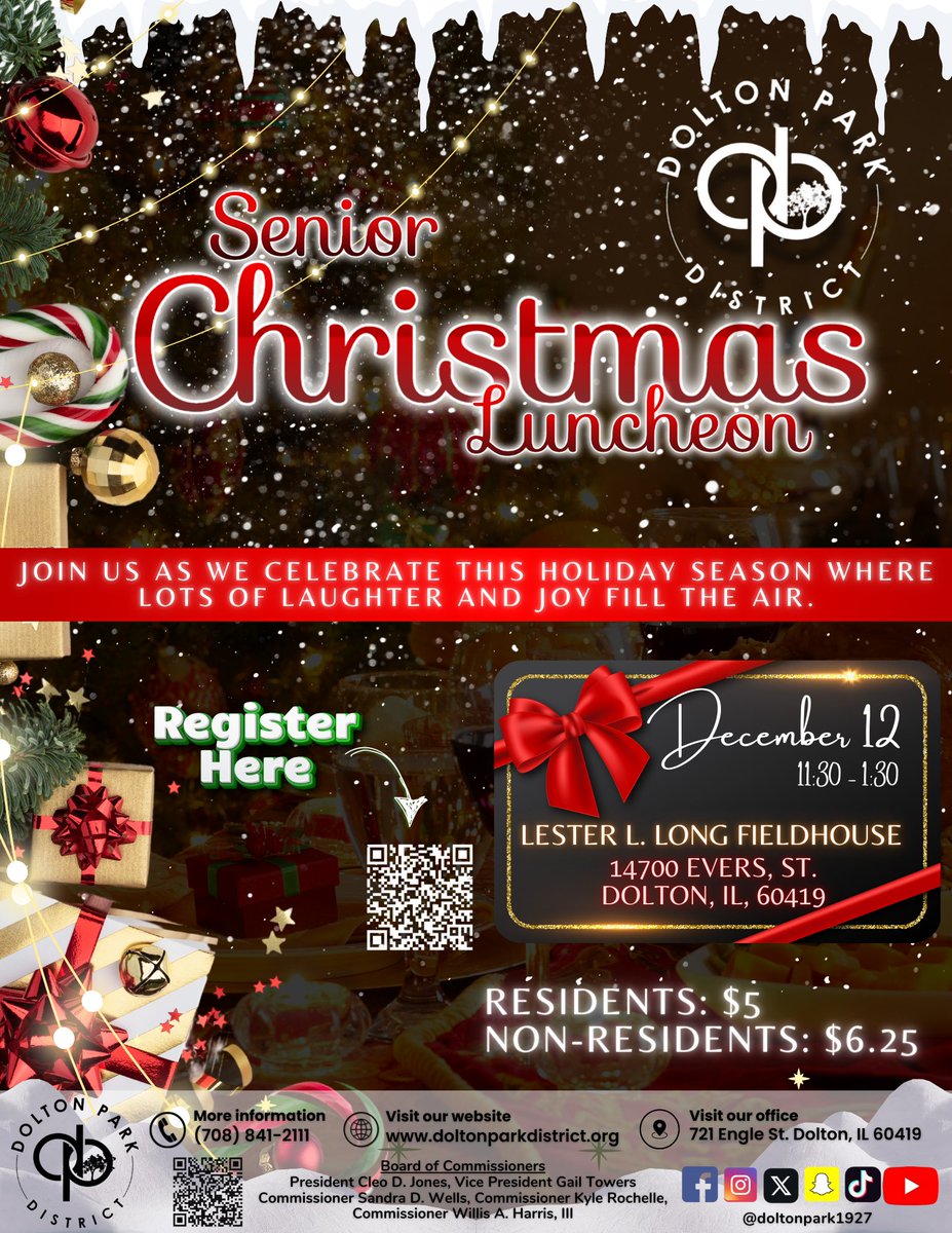 Join us as we spread some holiday cheer for our Senior Christmas Luncheon. Come enjoy some delicious food and great company as we spend these special moments together. December 12th at the Lester L. Long Fieldhouse from 11:30am - 1:30pm. See you soon!