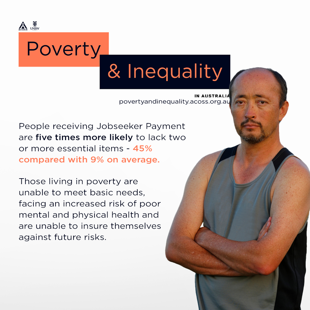 ACOSS (@acoss) on Twitter photo Read the new research from the Poverty and Inequality Partnership, showing that people receiving JobSeeker are 5 times more likely than the general population to experience multiple material deprivation (lacking two or more essentials of life).
The report: bit.ly/3V0R9R0 Read the new research from the Poverty and Inequality Partnership, showing that people receiving JobSeeker are 5 times more likely than the general population to experience multiple material deprivation (lacking two or more essentials of life).
The report: bit.ly/3V0R9R0