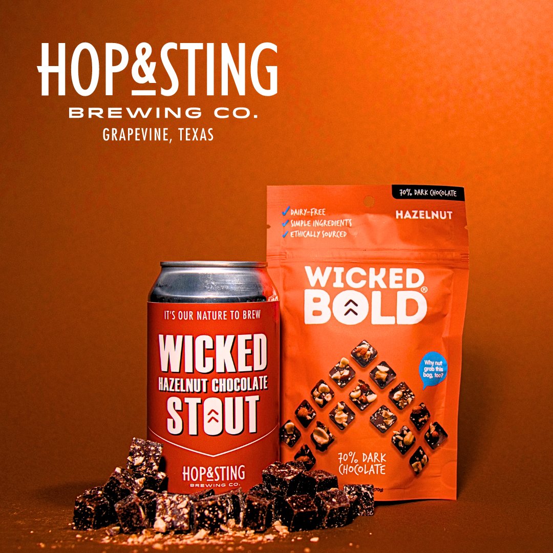 Chocolate + hazelnut = perfection. 😏 Wicked Hazelnut Chocolate Stout is back! At 6.3% ABV, it’s made with organic chocolate from local favorite Wicked Bold for a velvety, nutty-sweet finish. 🍺

Available in 6-packs and on draft across DFW, including the Hop &amp; Sting taproom!