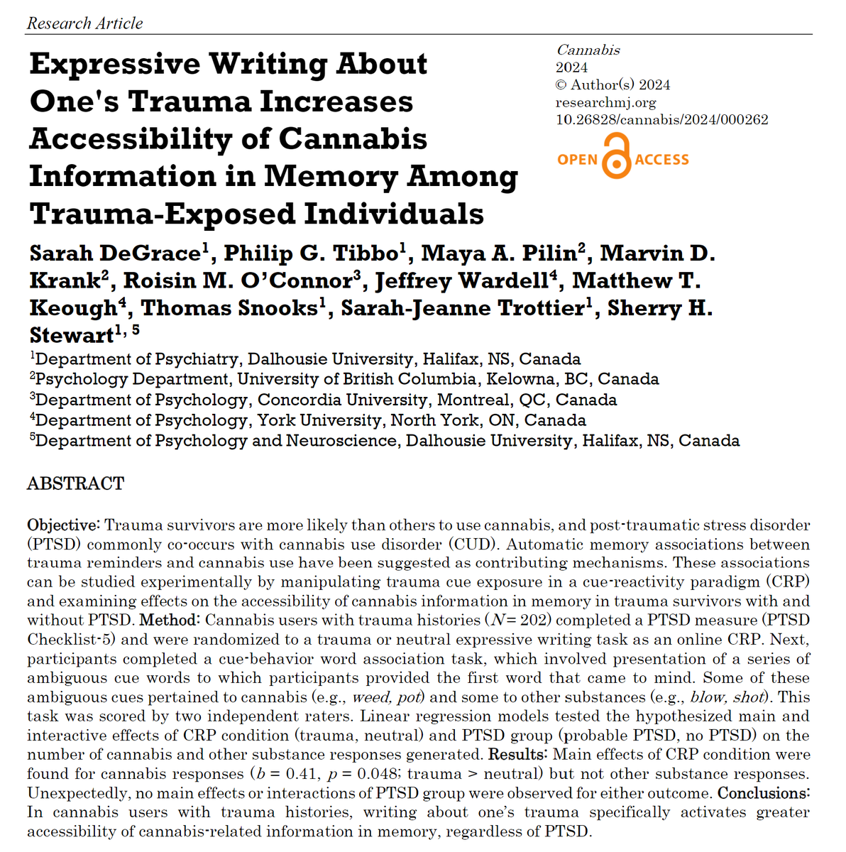 New Cannabis paper out today! Expressive Writing About One's Trauma Increases Accessibility of Cannabis Information in Memory among Cannabis Users with Trauma Histories.  <a href="/DalhousieU/">Dalhousie University</a> <a href="/DrSHStewart/">Sherry. H. Stewart</a>  publications.sciences.ucf.edu/cannabis/index…