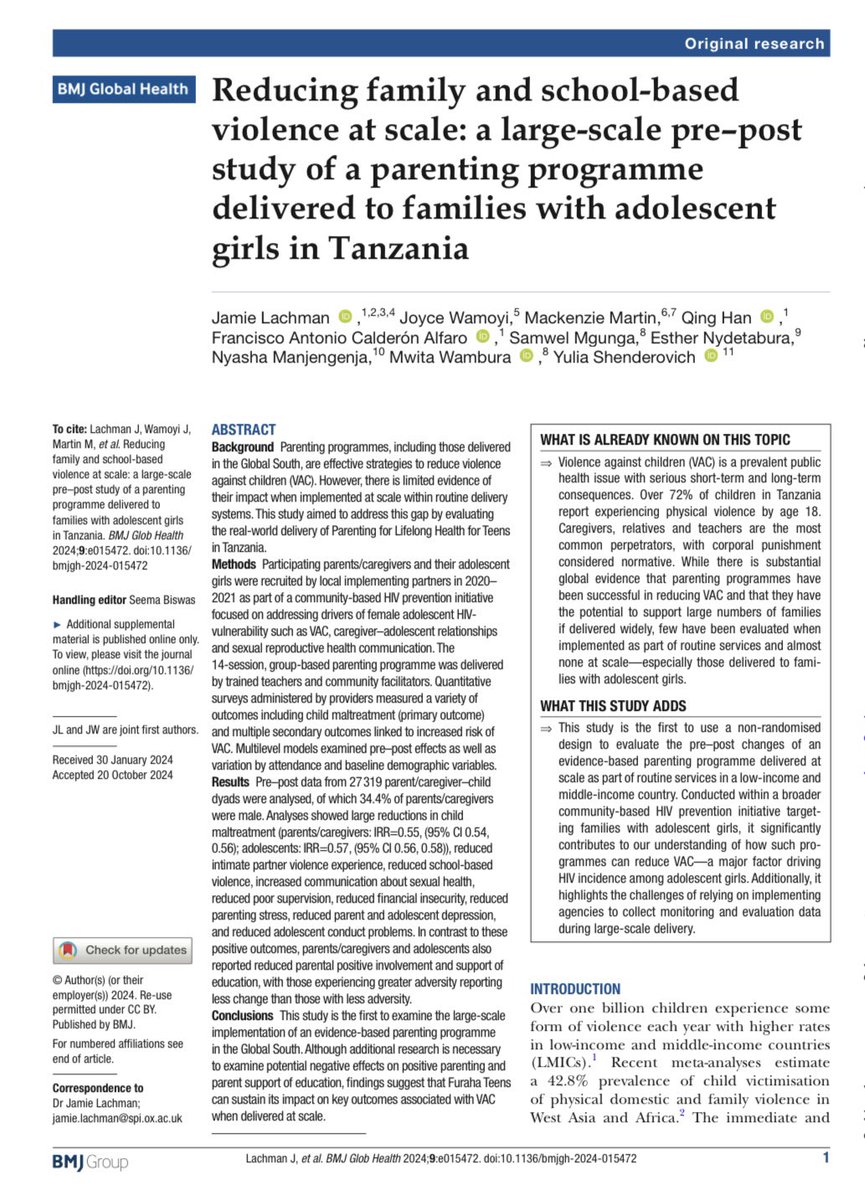Mackenzie Martin (PhD, she/her) (@martin_m15) on Twitter photo Happy to share a new paper in the BMJ on the pre-post results of the delivery of PLH-Teens in Tanzania. Notably, we found reductions in child maltreatment. Wonderful to work with colleagues <a href="/DSPI_Oxford/">Oxford DSPI</a> <a href="/GPI_Parenting/">Global Parenting Initiative</a> <a href="/CWBSouthAfrica/">CWB South Africa</a> <a href="/PactTanzania/">Pact Tanzania</a> gh.bmj.com/content/9/11/e⦠Happy to share a new paper in the BMJ on the pre-post results of the delivery of PLH-Teens in Tanzania. Notably, we found reductions in child maltreatment. Wonderful to work with colleagues <a href="/DSPI_Oxford/">Oxford DSPI</a> <a href="/GPI_Parenting/">Global Parenting Initiative</a> <a href="/CWBSouthAfrica/">CWB South Africa</a> <a href="/PactTanzania/">Pact Tanzania</a> gh.bmj.com/content/9/11/eā¦